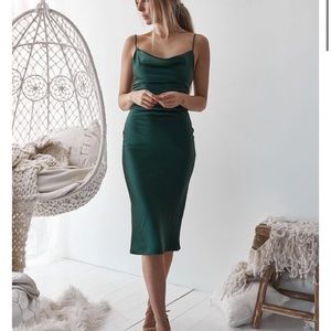 Emerald Green Satin Midi Dress